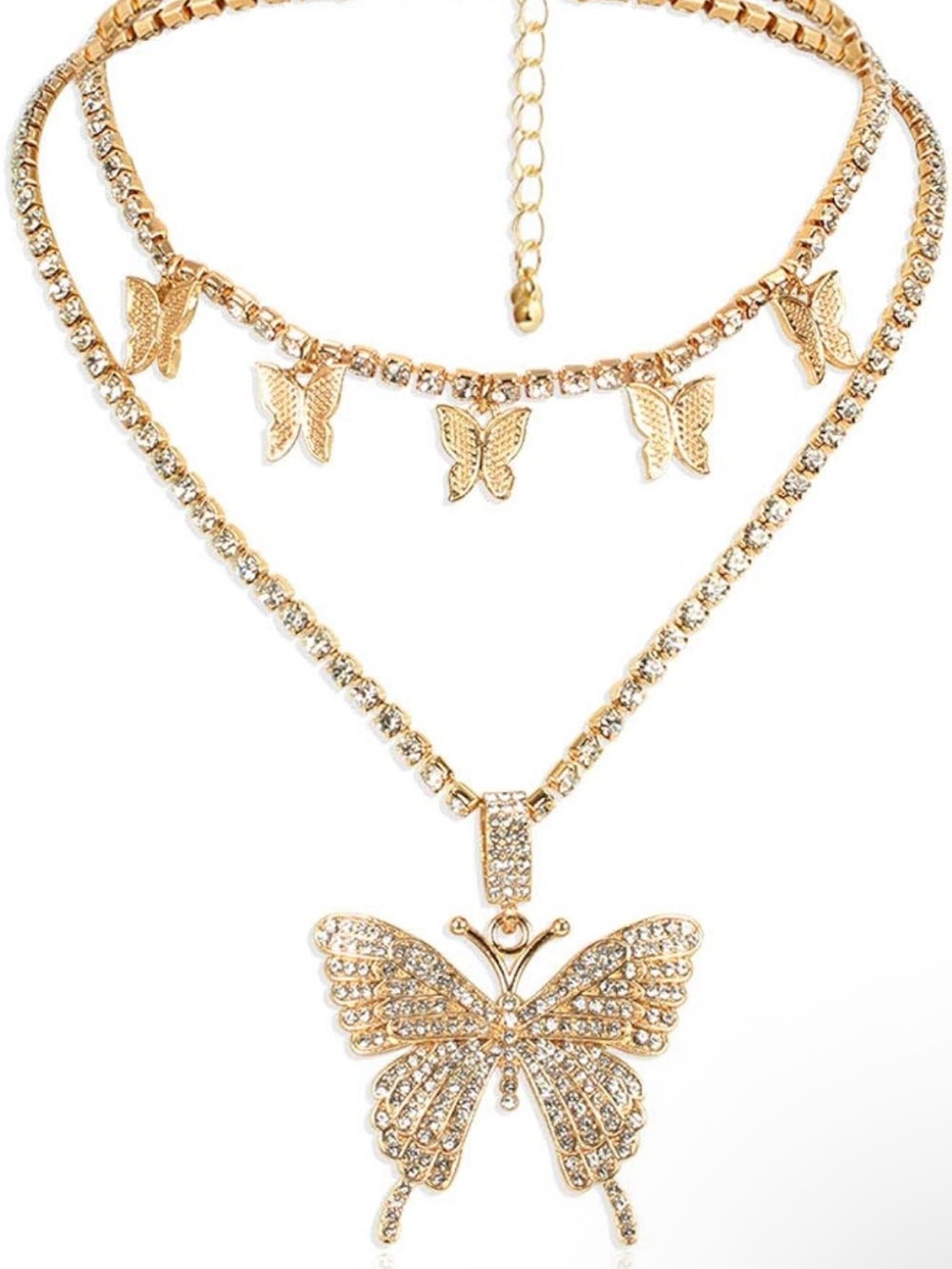 Anthropologie Gold Tone Layered Butterfly Necklace with Crystal Accents